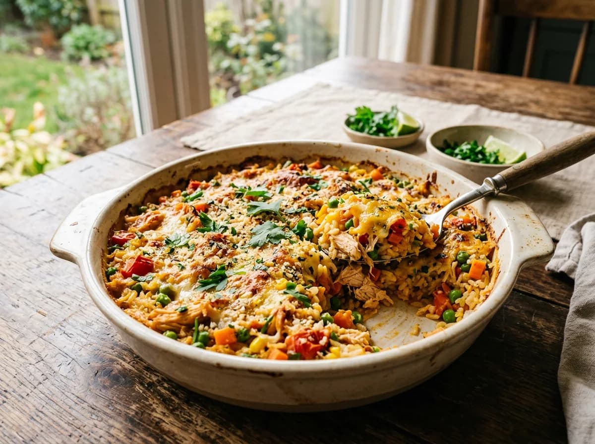 Foto ilustrativa de arroz de forno com frango e legumes.