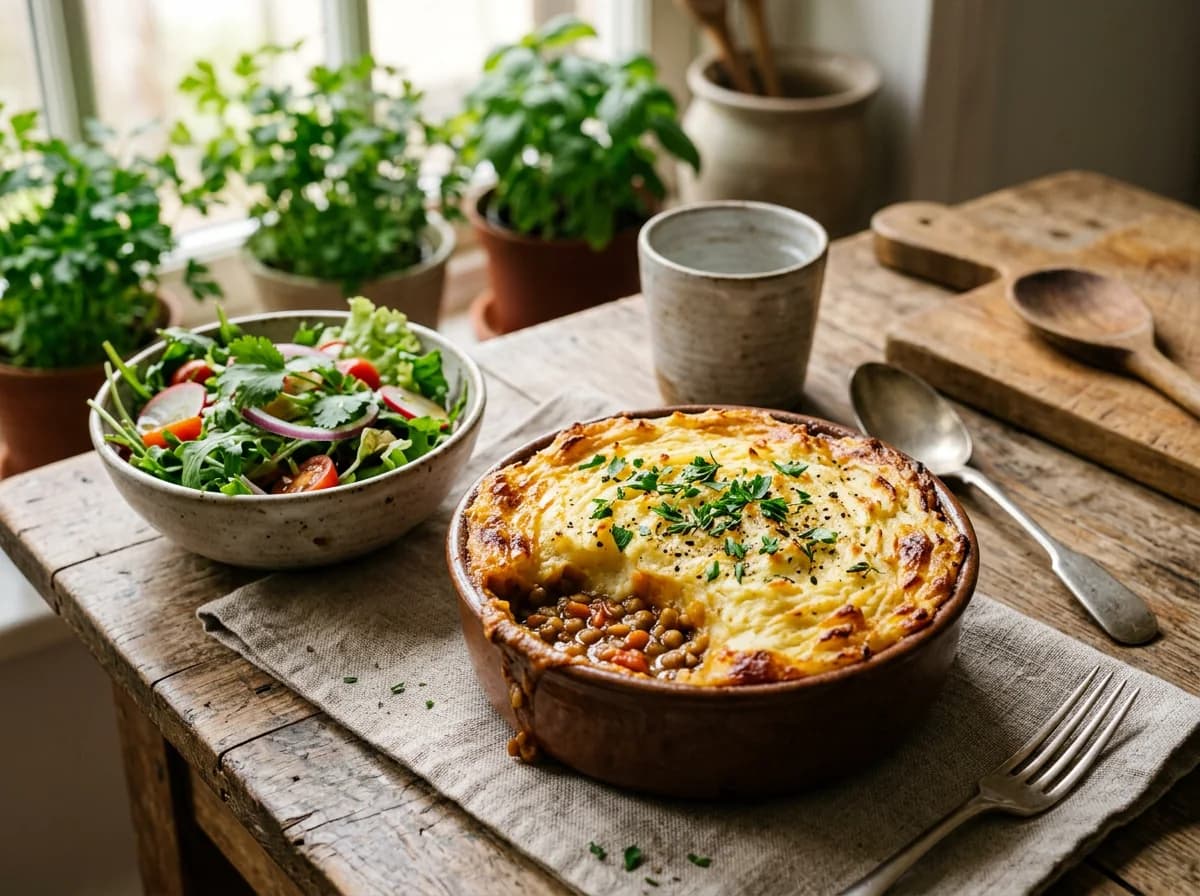 Foto ilustrativa de escondidinho de lentilha coberto com batata dourada.