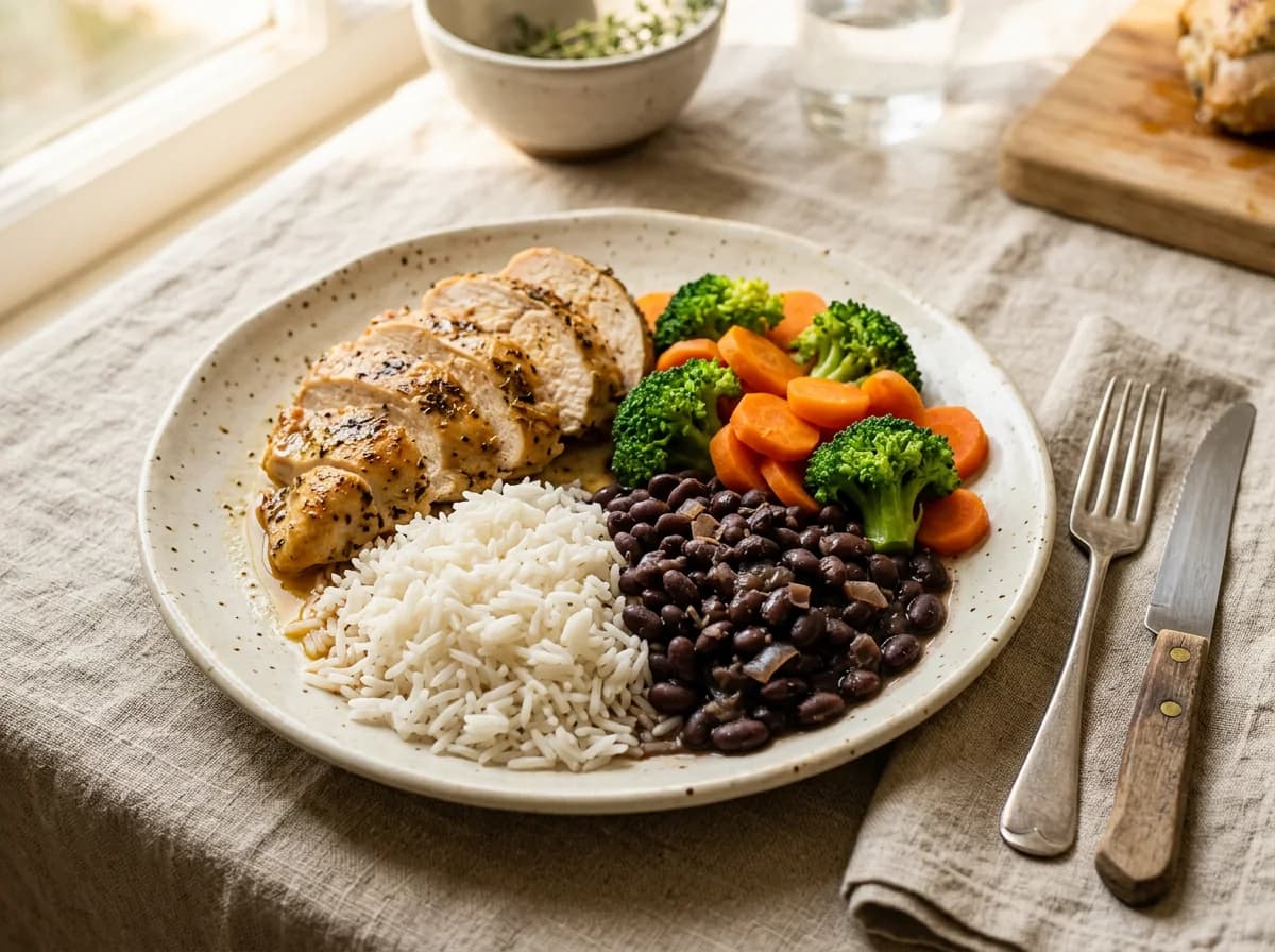 Foto ilustrativa de um prato caseiro com frango, arroz, feijão e legumes