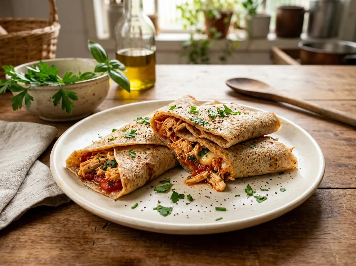 Foto ilustrativa de panquecas integrais recheadas com frango.